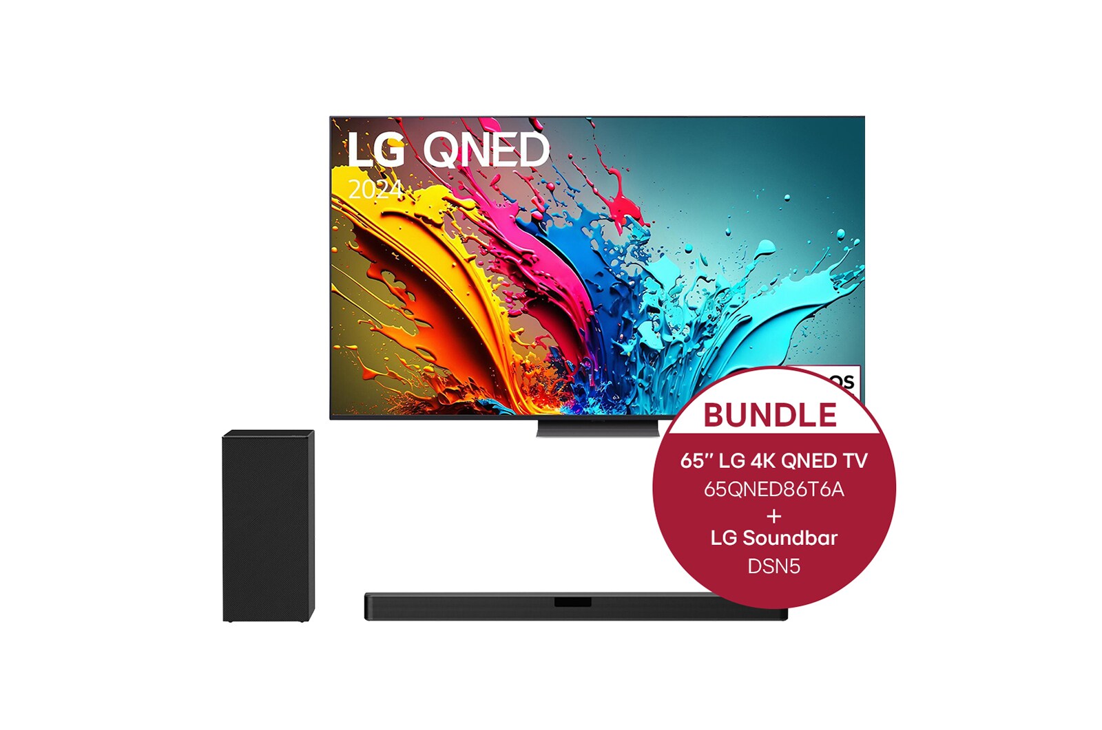 Vorderseite von 65 Zoll LG QNED86 4K Smart TV + 2.1 Soundbar mit 400 Watt 65QNED86T6A.DSN5