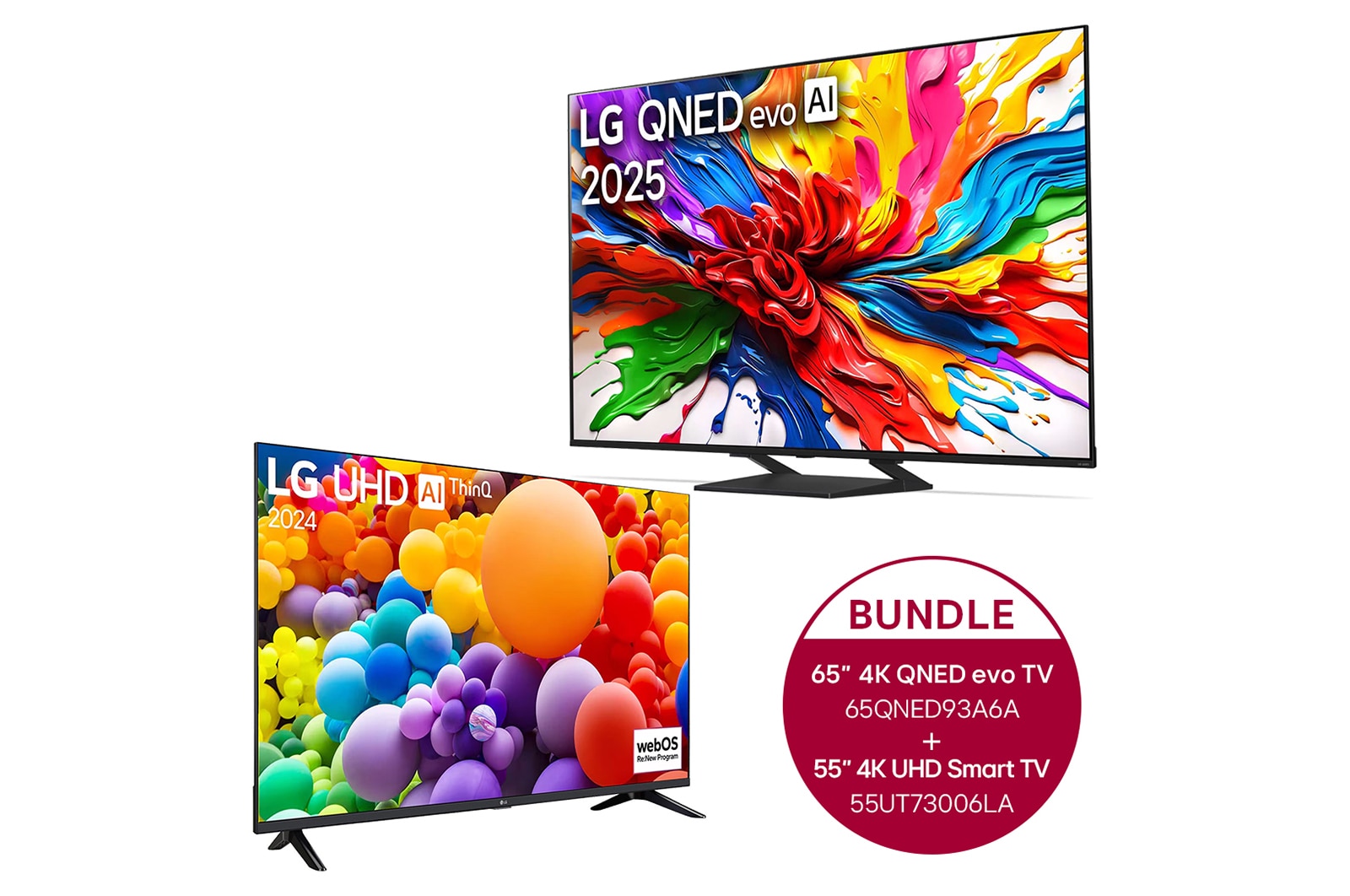 Vorderseite von 65 Zoll LG 4K QNED evo AI MiniLED TV + 55 Zoll 4K LG UHD Smart TV UT73 65QNED93A6A.55UT73