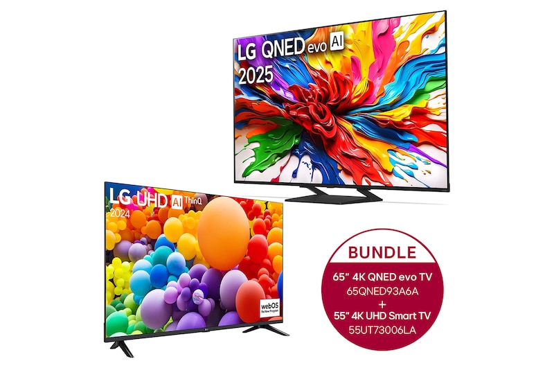 Vorderseite von 65 Zoll LG 4K QNED evo AI MiniLED TV + 55 Zoll 4K LG UHD Smart TV UT73 65QNED93A6A.55UT73