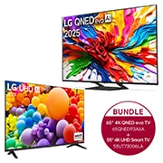 Vorderseite von 65 Zoll LG 4K QNED evo AI MiniLED TV + 55 Zoll 4K LG UHD Smart TV UT73 65QNED93A6A.55UT73