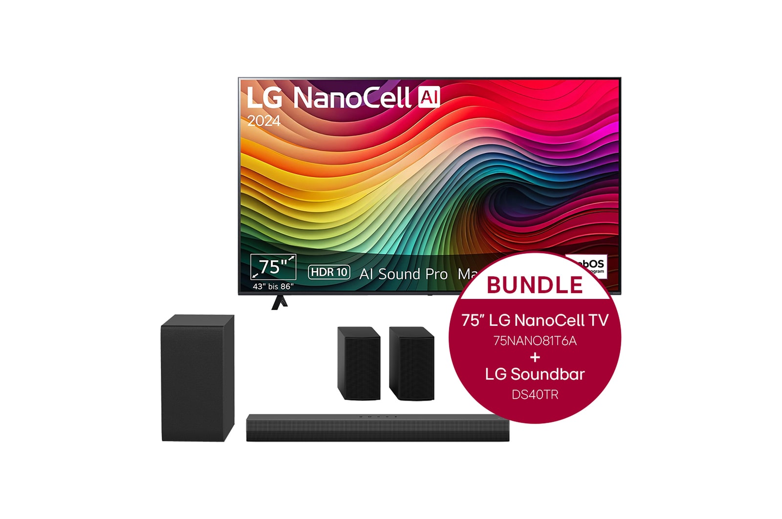 Vorderseite von 75 Zoll 4K LG NanoCell Smart TV NANO81 &#43; 4.1 Soundbar DS40TR mit 400 Watt 75NANO81T6A.DS40TR