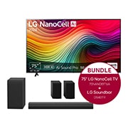 Vorderseite von 75 Zoll 4K LG NanoCell Smart TV NANO81 &#43; 4.1 Soundbar DS40TR mit 400 Watt 75NANO81T6A.DS40TR