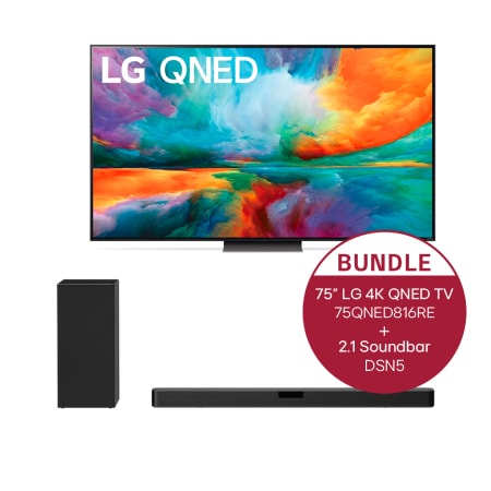 Vorderseite von 75" LG 4K QNED TV QNED81 + 2.1 Soundbar mit 400 Watt | kabelloser Subwoofe 75QNED816RE.DSN5
