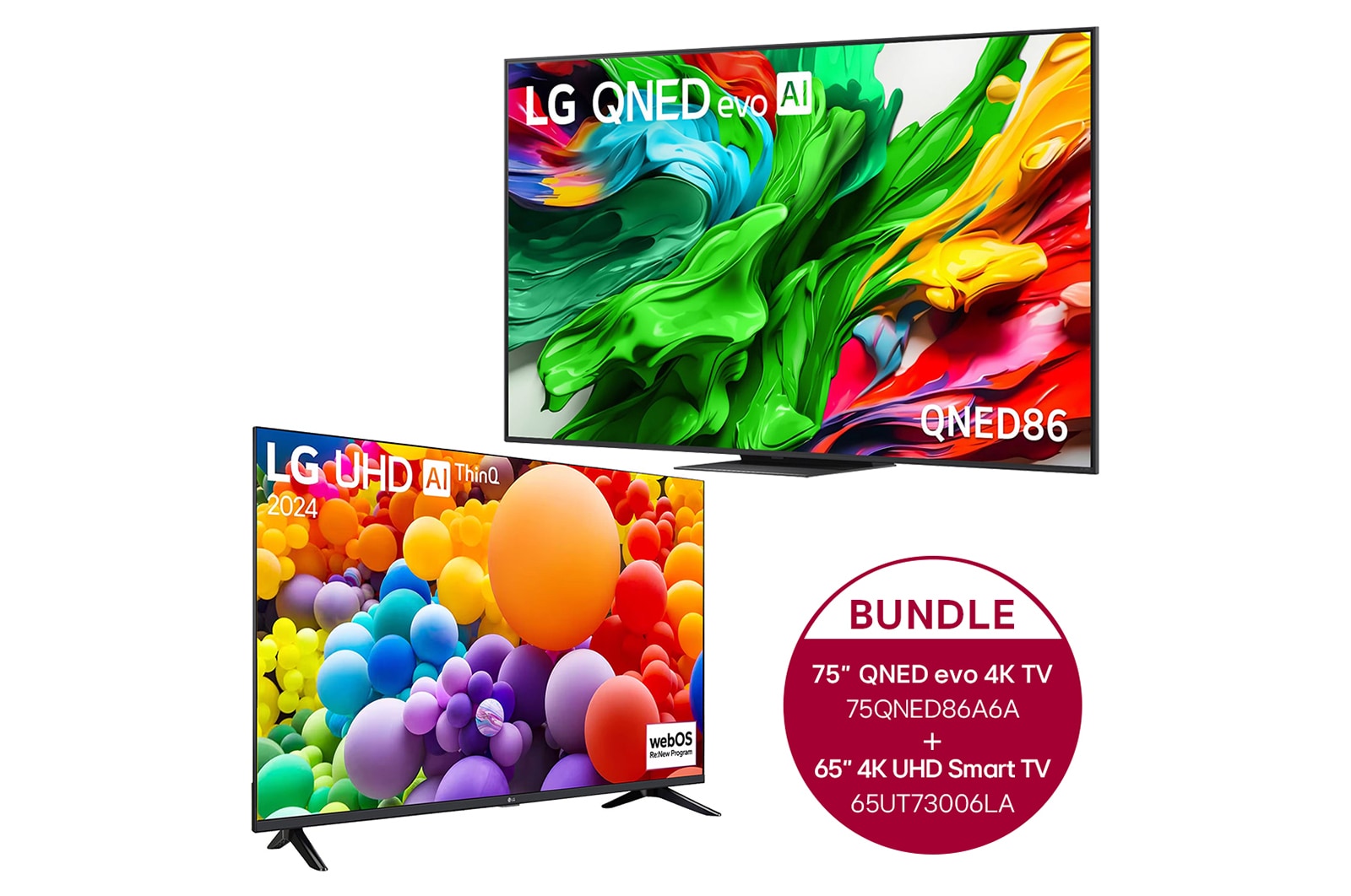 Vorderseite von 75-Zoll LG QNED evo AI QNED86 MiniLED 4K Smart TV &#43; 65 Zoll 4K LG UHD Smart TV UT73 75QNED86A6A.65UT73