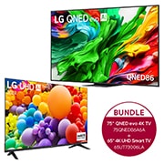 Vorderseite von 75-Zoll LG QNED evo AI QNED86 MiniLED 4K Smart TV &#43; 65 Zoll 4K LG UHD Smart TV UT73 75QNED86A6A.65UT73