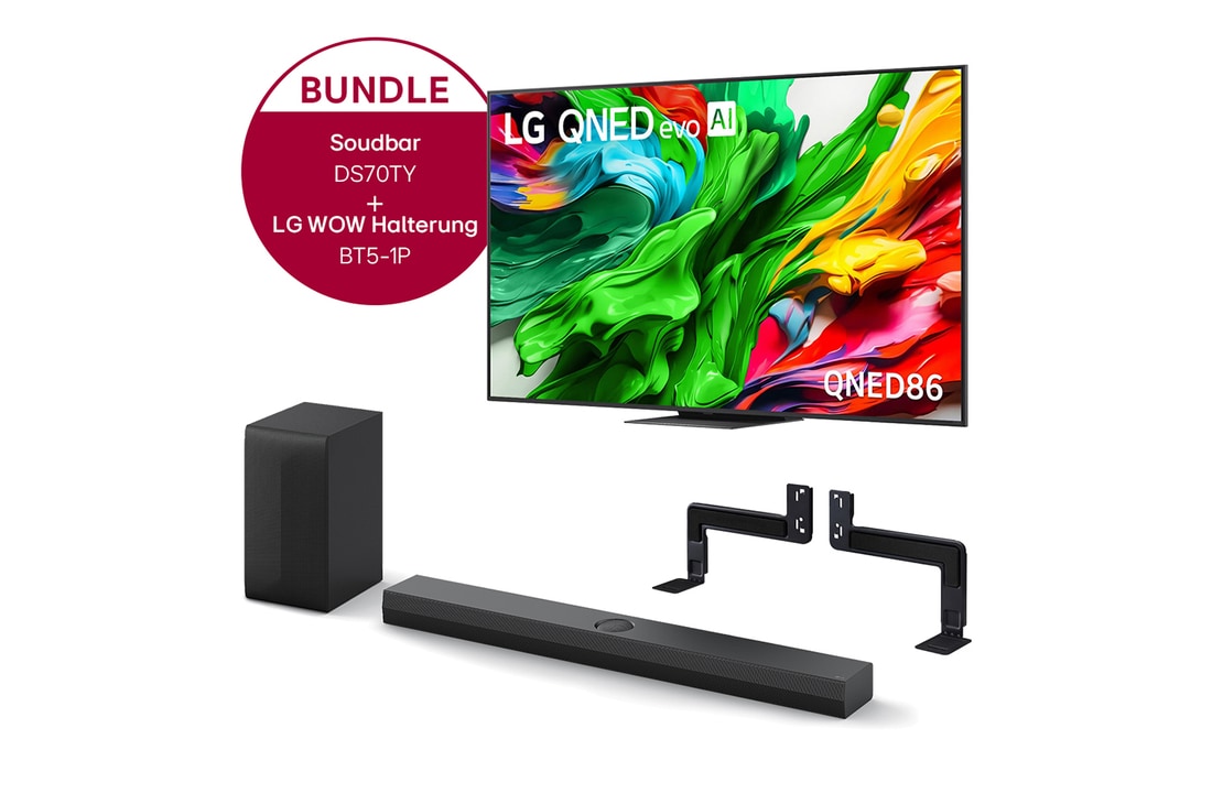 LG 75 Zoll LG QNED evo AI QNED86 MiniLED 4K Smart TV + 3.1.1 Kanal LG TV Soundbar DS70TY mit Dolby Atmos + WOW Bracket, 75QNED86A6A.DS70TY