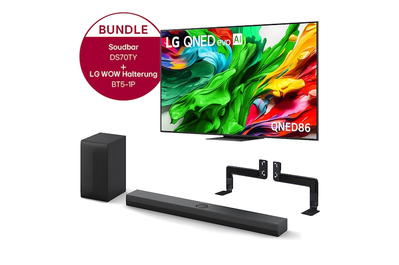 LG 75 Zoll LG QNED evo AI QNED86 MiniLED 4K Smart TV + 3.1.1 Kanal LG TV Soundbar DS70TY mit Dolby Atmos + WOW Bracket, 75QNED86A6A.DS70TY