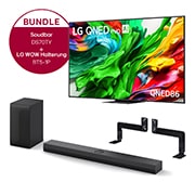 Vorderseite von 75 Zoll LG QNED evo AI QNED86 MiniLED 4K Smart TV &#43; 3.1.1 Kanal LG TV Soundbar DS70TY mit Dolby Atmos &#43; WOW Bracket 75QNED86A6A.DS70TY