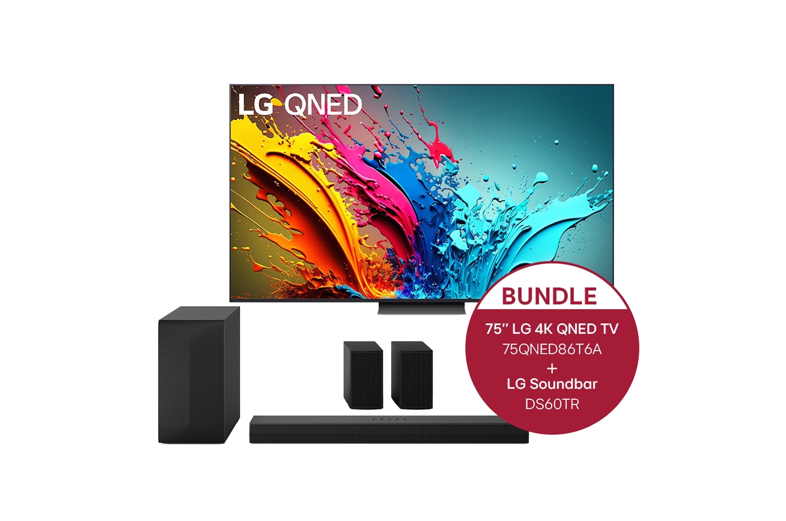 Vorderseite von 75 Zoll LG QNED86 4K Smart TV &#43; 5.1 Soundbar DS60TR mit 440 Watt  75QNED86T6A.DS60TR