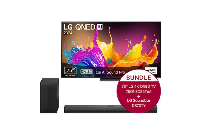 LG 75 Zoll LG QNED86 4K Smart TV + 3.1.1 Kanal LG TV Soundbar DS70TY mit Dolby Atmos , 75QNED86T6A.DS70TY