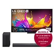 Vorderseite von 75 Zoll LG QNED86 4K Smart TV &#43; 3.1.1 Kanal LG TV Soundbar DS70TY mit Dolby Atmos  75QNED86T6A.DS70TY