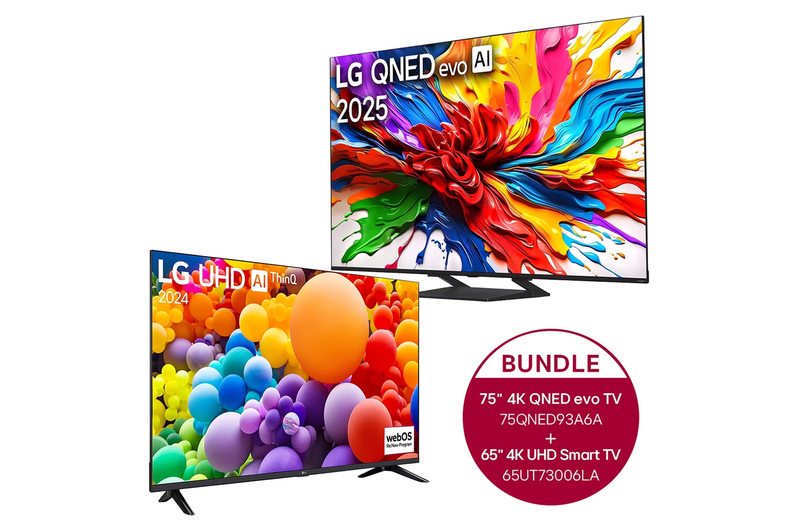 Vorderseite von 75 Zoll LG 4K QNED evo AI MiniLED TV &#43; 65 Zoll 4K LG UHD Smart TV UT73 75QNED93A6A.65UT73