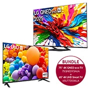 Vorderseite von 75 Zoll LG 4K QNED evo AI MiniLED TV &#43; 65 Zoll 4K LG UHD Smart TV UT73 75QNED93A6A.65UT73