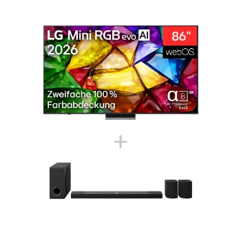 Vorderseite von 86"  Zoll LG Mini RGB evo AI MRGB87B 4K Smart TV 2026 + 9.1.5-Kanal LG Home Theater Soundbar DS95AR mit Surround-Sound und Rücklautsprechern 86MRGB87B9B.DS95001