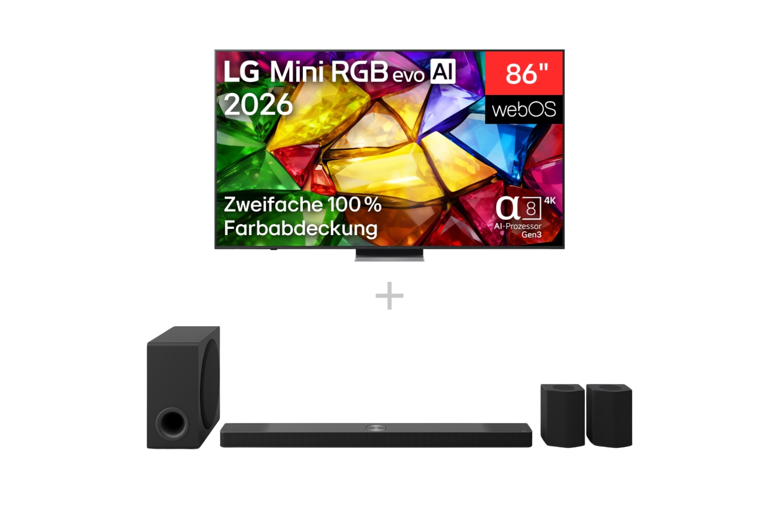 Vorderseite von 86" Zoll LG Mini RGB evo AI MRGB87B 4K Smart TV 2026 + 9.1.5-Kanal LG Home Theater Soundbar DS95AR mit Surround-Sound und Rücklautsprechern 86MRGB87B9B.DS95001