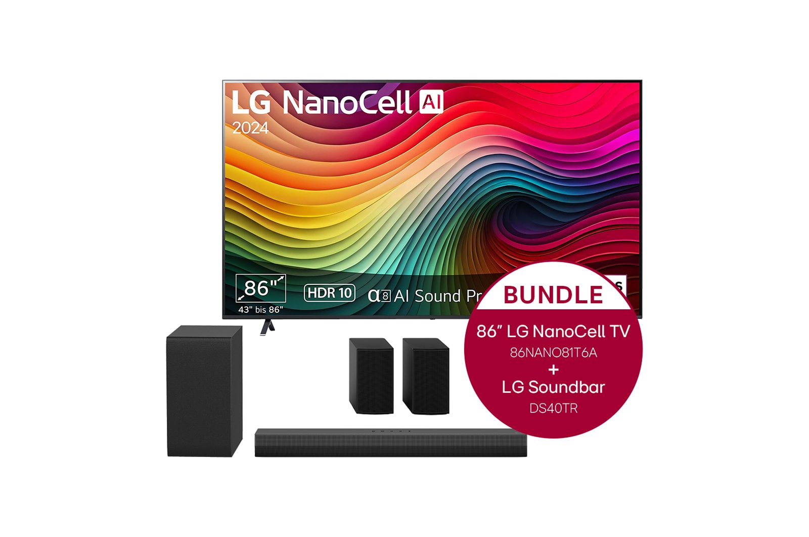 Vorderseite von 86 Zoll 4K LG NanoCell Smart TV NANO81 &#43; 4.1 Soundbar DS40TR mit 400 Watt 86NANO81T6A.DS40TR