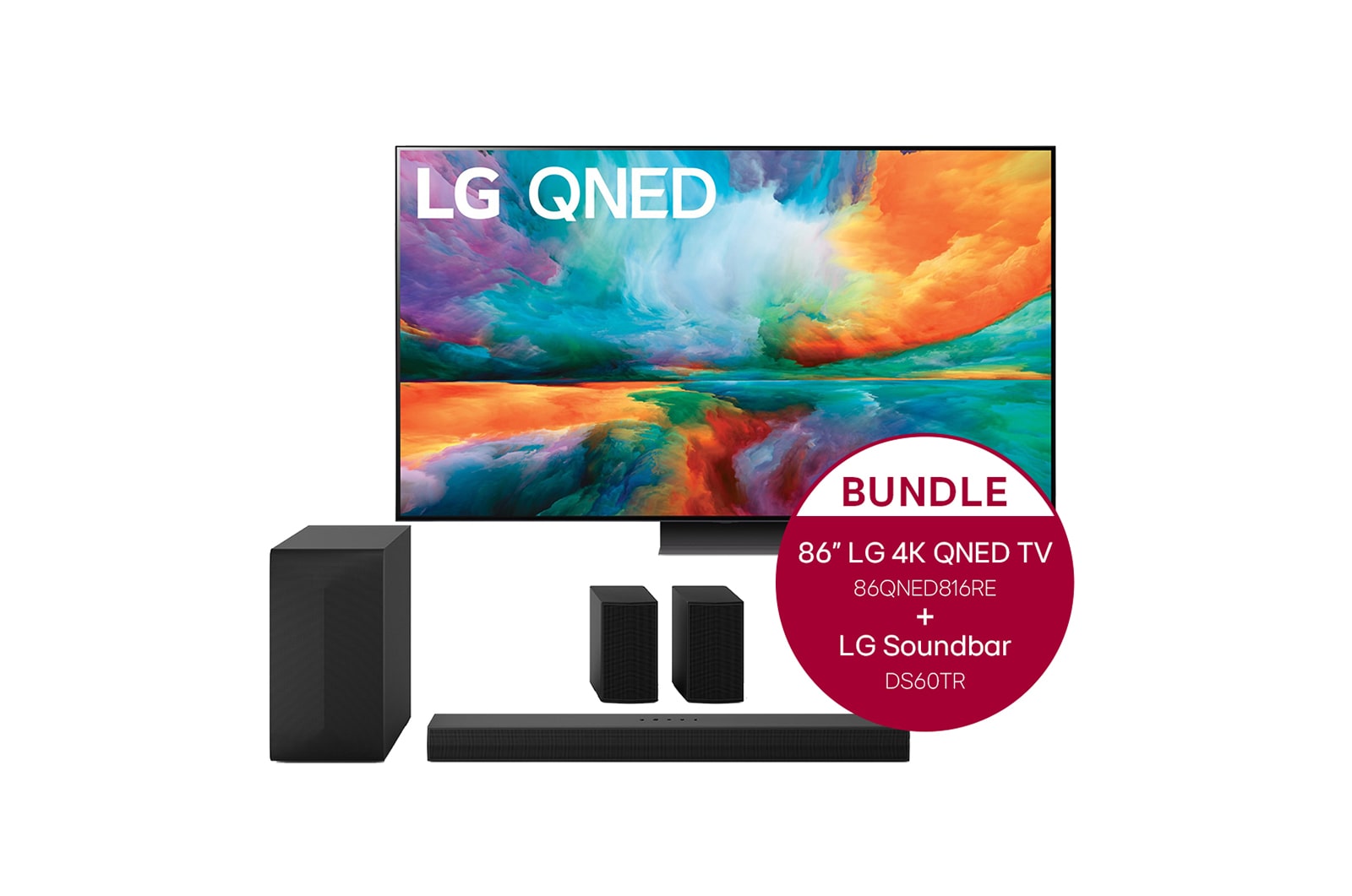 Vorderseite von 86 Zoll LG 4K QNED TV QNED81 + 5.1 Soundbar DS60TR mit 440 Watt  86QNED816RE.DS60TR