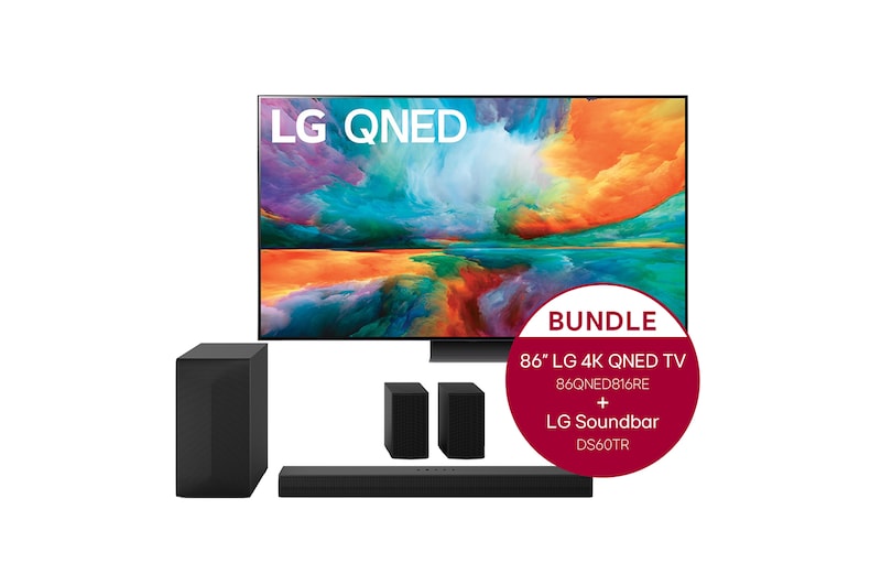Vorderseite von 86 Zoll LG 4K QNED TV QNED81 + 5.1 Soundbar DS60TR mit 440 Watt  86QNED816RE.DS60TR