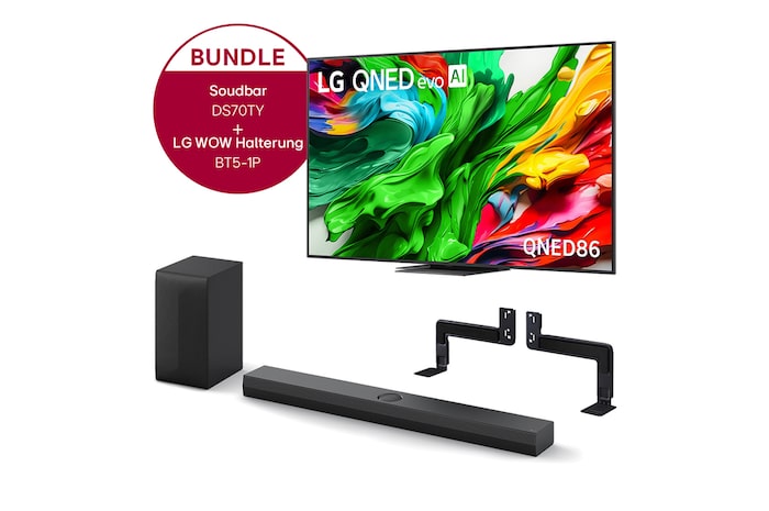 LG 86 Zoll LG QNED evo AI QNED86 MiniLED 4K Smart TV + 3.1.1 Kanal LG TV Soundbar DS70TY mit Dolby Atmos + WOW Bracket, 86QNED86A6A.DS70TY