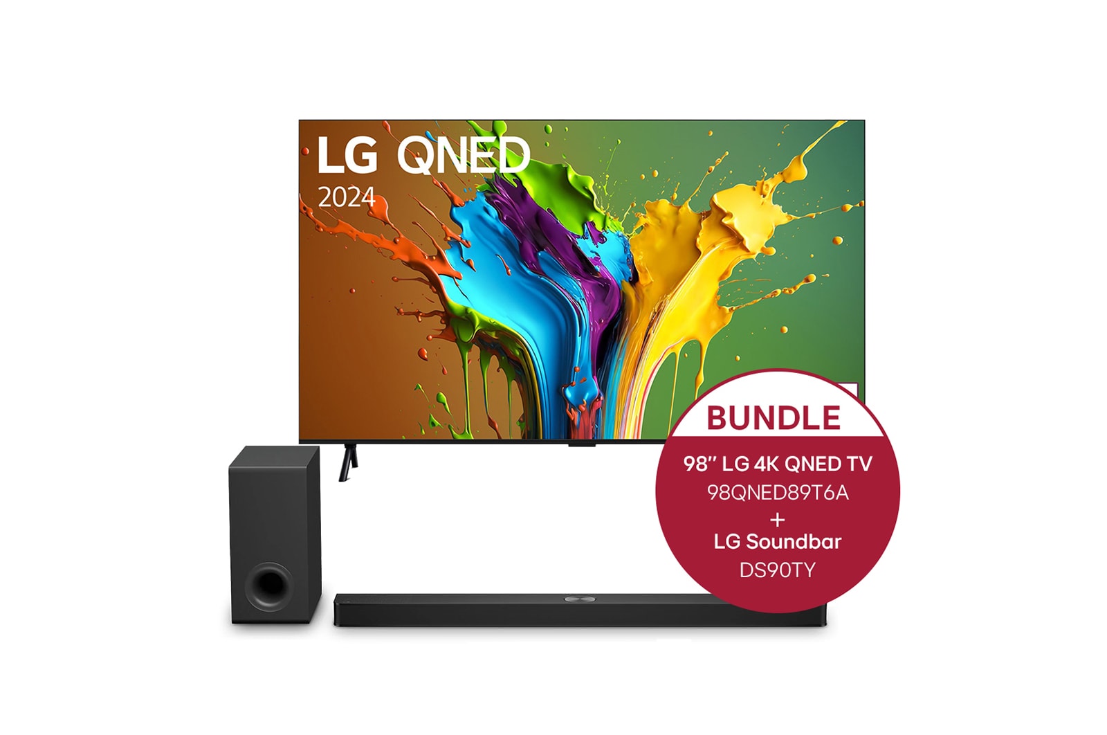 Vorderseite von 98 Zoll 4K LG QNED Smart TV QNED89 &#43; 5.1.3 Kanal LG TV Soundbar DS90TY mit Dolby Atmos  98QNED89T6A.DS90TY