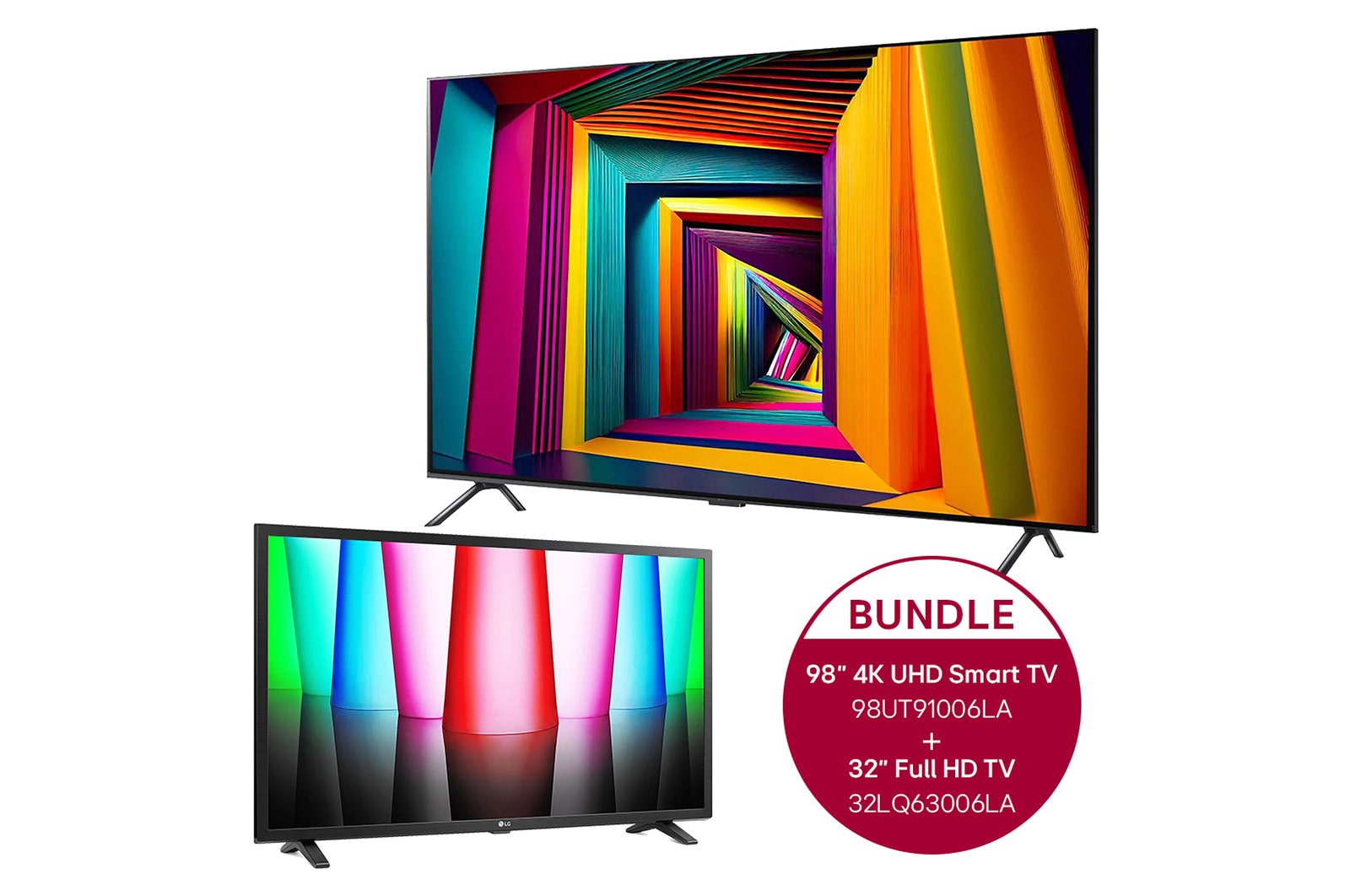 Vorderseite von 98 Zoll 4K LG UHD Smart TV UT91 &#43; 32 Zoll LG Full HD TV LQ63 98UT91006LA.32LQ63