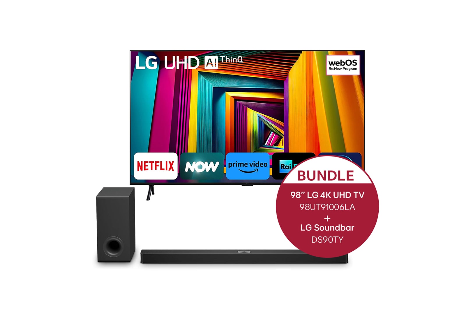Vorderseite von 98 Zoll 4K LG UHD Smart TV UT91 &#43; 5.1.3 Kanal LG TV Soundbar DS90TY mit Dolby Atmos 98UT91006LA.DS90TY