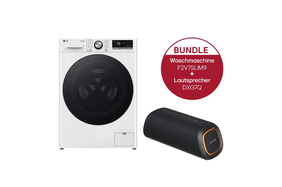 LG Waschmaschine Slim Fit (9 kg, 1.200 U./Min., EEK A -10%*) mit schwarzem Bullaugenring | F2V7SLIM9 + DXG7QBK, F2V7SLIM9.DXG7Q