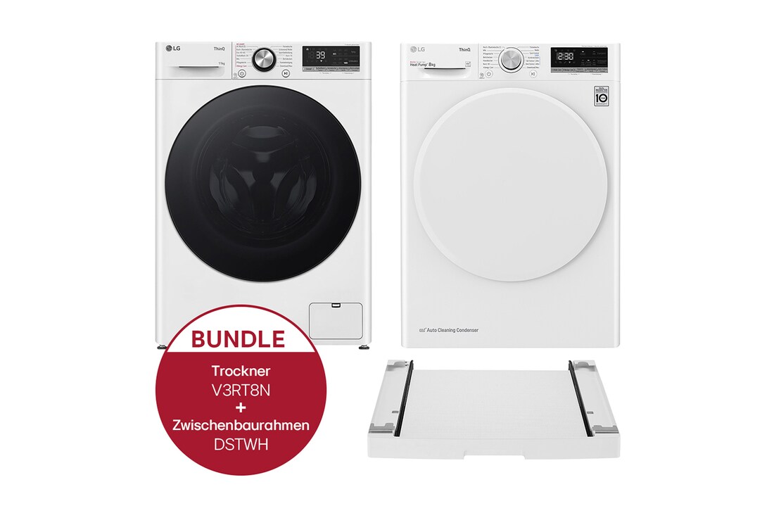 LG Waschmaschine (11 kg, 1.400 U./Min), Trockner (8 kg) und Zwischenbaurahmen im Set | F4WR701Y.V3RT8N, F4WR701Y.V3RT8N