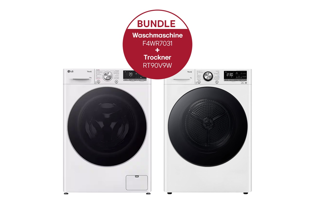 LG Waschmaschine (13 kg, 1.400 U./Min., EEK A) mit silber Bullaugenring + Trockner Weiß (9 kg, EEK A+++) mit Dual Inverter Wärmepumpentechnologie, F4WR7031.RT90V9W