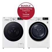 Vorderseite von Waschmaschine (13 kg, 1.400 U./Min., EEK A) mit silber Bullaugenring &#43; Trockner Weiß (A&#43;&#43;&#43;, 9 kg) mit Dual Inverter Wärmepumpentechnologie  F4WR7031.V9R09TC