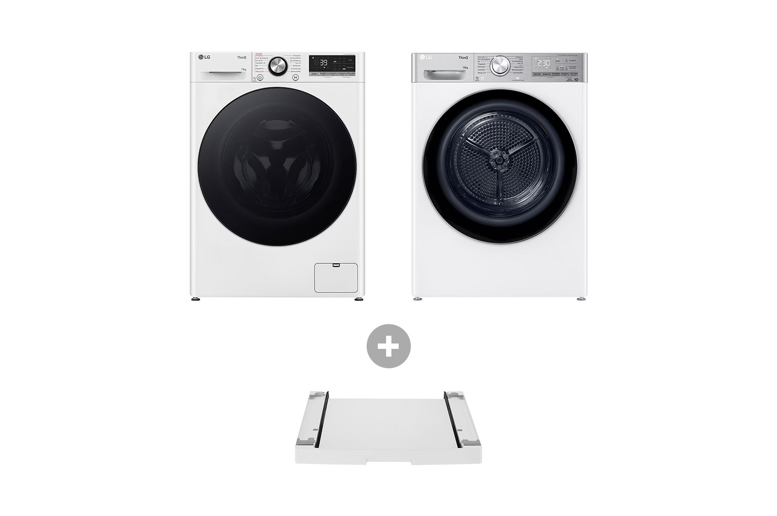 Vorderseite von Waschmaschine Weiß (EEK A-20%*, 13 kg) F4WR703Y & Trockner Weiß (EEK C, 9 kg) RT90V9W & Zwischenbaurahmen für Waschmaschinen und Trockner I DSTWH F4WR703Y.V9A2DST002