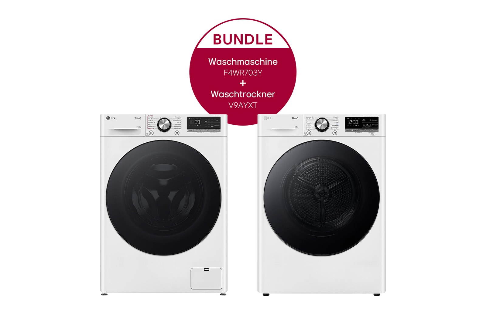 Vorderseite von Waschmaschine (13 kg, 1.400 U./Min., EEK A) mit schwarzem Bullaugenring | F4WR703Y &#43; Trockner (10 kg, EEK A&#43;&#43;&#43;) mit Dual Inverter Wärmepumpentechnologie F4WR703Y.V9AYXT