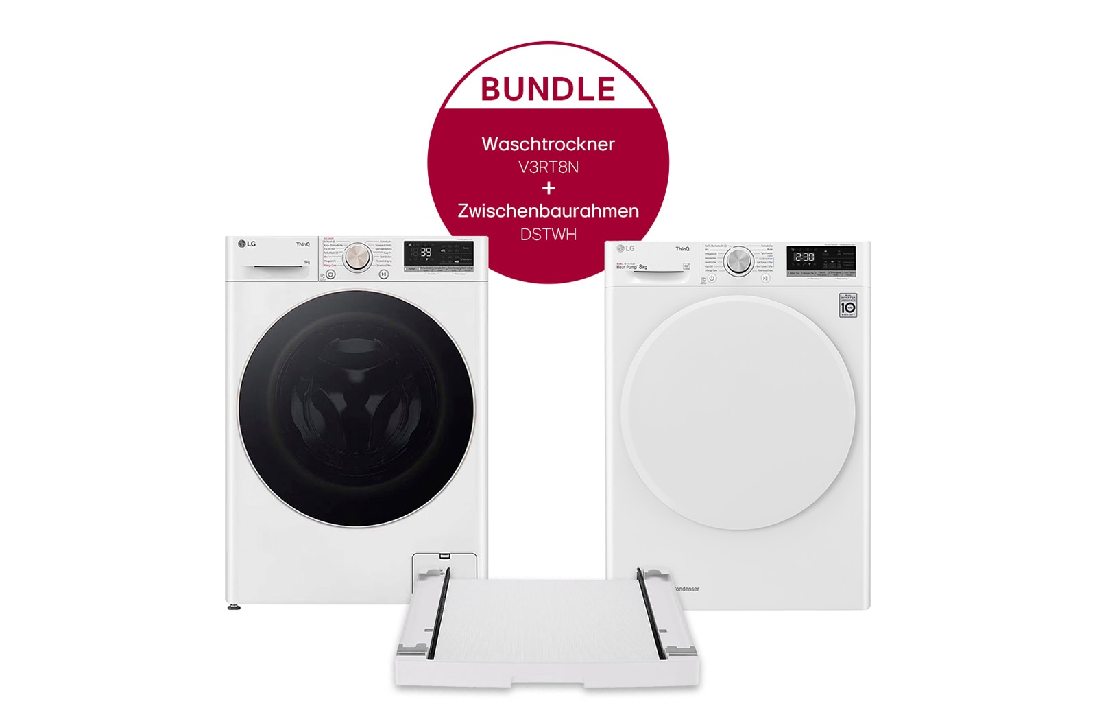 Vorderseite von Waschmaschine (9 kg, 1.360 U./Min.), Trockner (8 kg) und Zwischenbaurahmen im Set | F4WR709G-D.V3RT8N F4WR709G-D.V3RT8N
