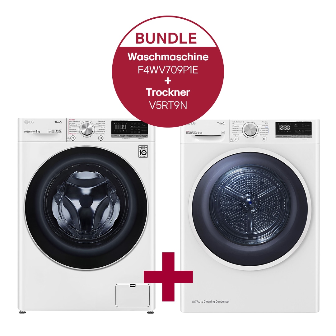Vorderseite von Waschmaschine (9 kg, 1.400 U./Min.) und Trockner (9 kg) im Set | F4WV709P1E.V5RT9N F4WV709P1E.V5RT9N