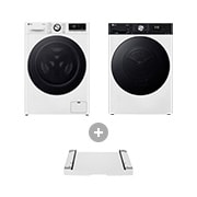 Vorderseite von Waschmaschine Weiß (EEK A-10%*, 11 kg, 1.560 U./Min.) | F6WR7012 + Trockner Weiß (EEK C, 9 kg) I RT90V9P + Zwischenbaurahmen für Waschmaschinen und Trockner I DSTWH F6WR7012.RT90DST001