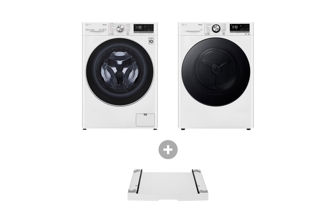 LG Waschmaschine Weiß (EEK A, 9 kg) F6WV709P1 & Trockner Weiß (EEK C, 9 kg) RT90V9W & Zwischenbaurahmen für Waschmaschinen und Trockner I DSTWH, F6WV709P1.RT90DST002