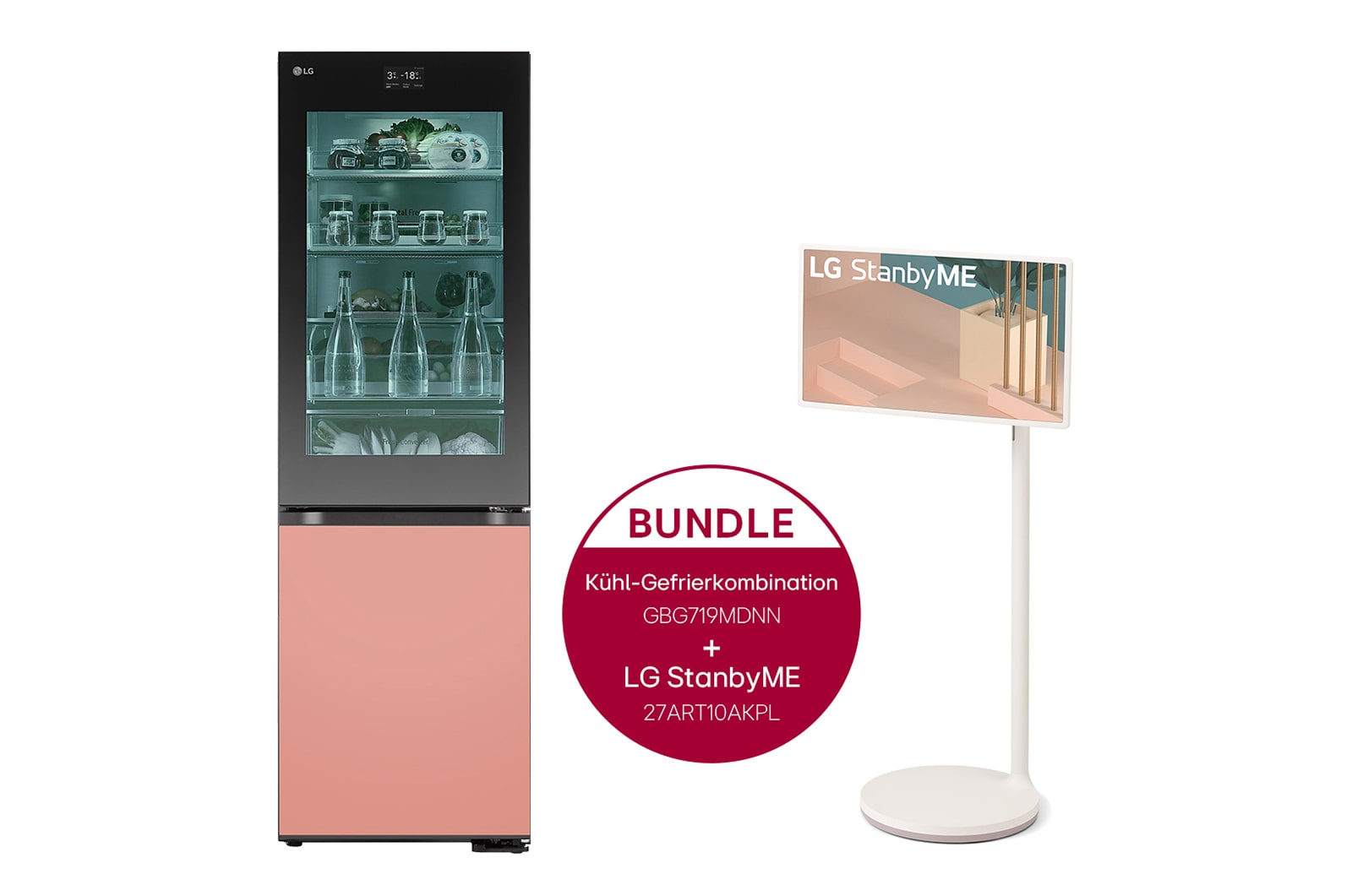 Vorderseite von InstaView MoodUP®️ Kühl-Gefrierkombination (D, 352L, 187cm hoch) und LG StanbyME im Set  | GBG719MDNN.27ART10 GBG719MDNN.27ART10