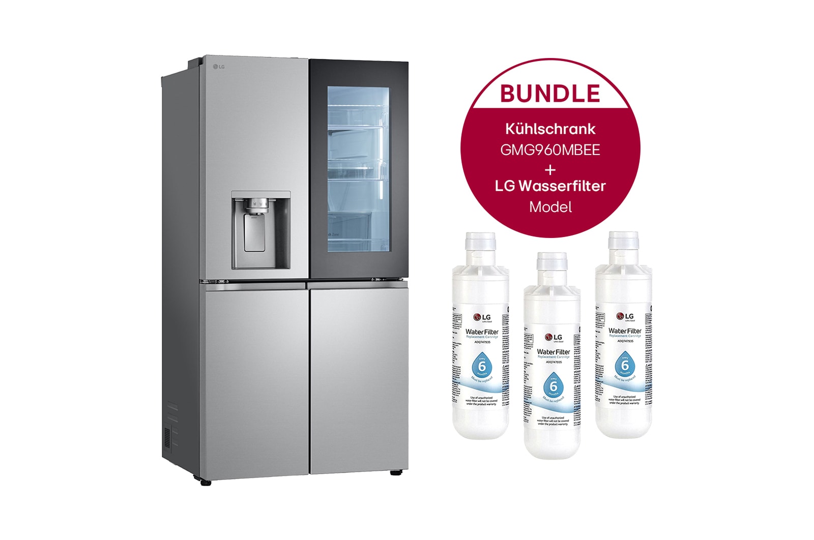 Vorderseite von Side-by-Side Kühlschrank mit InstaView® (E, 638L, 179,2 cm hoch) mit Eis-, Crushed Ice- und Wasserspender & Festwasseranschluss | GMG960MBEE+ Ersatzwasserfilterx3 GMG960MBEE.AGF8AGFAG002
