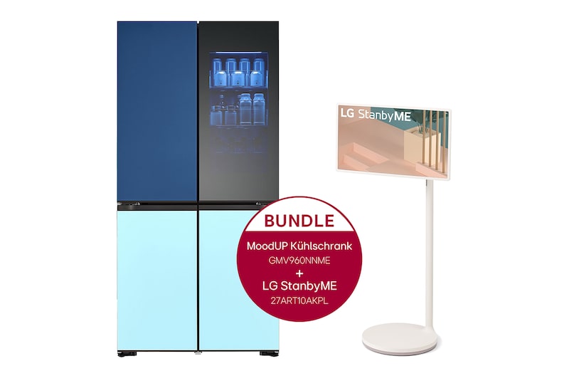 Vorderseite von InstaView MoodUP®️ Multi-Door Kühlschrank (EEK E, 617L, 186,5cm hoch) und LG StanbyME im Set | GMV960NNME.27ART10 GMV960NNME.27ART10