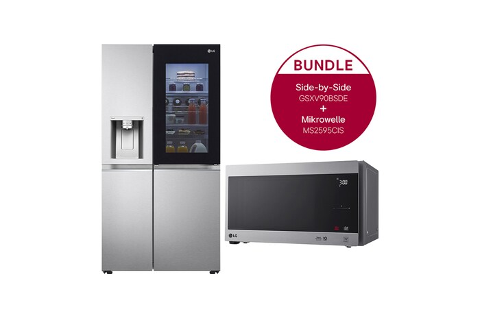 LG Side-by-Side Kühlschrank mit InstaView Door-in-Door® (E, 635L, 179cm hoch ) und Solo-Mikrowelle (25L, 1000 Watt) im Set | GSXV90BSDE.2595CIS, GSXV90BSDE.2595CIS