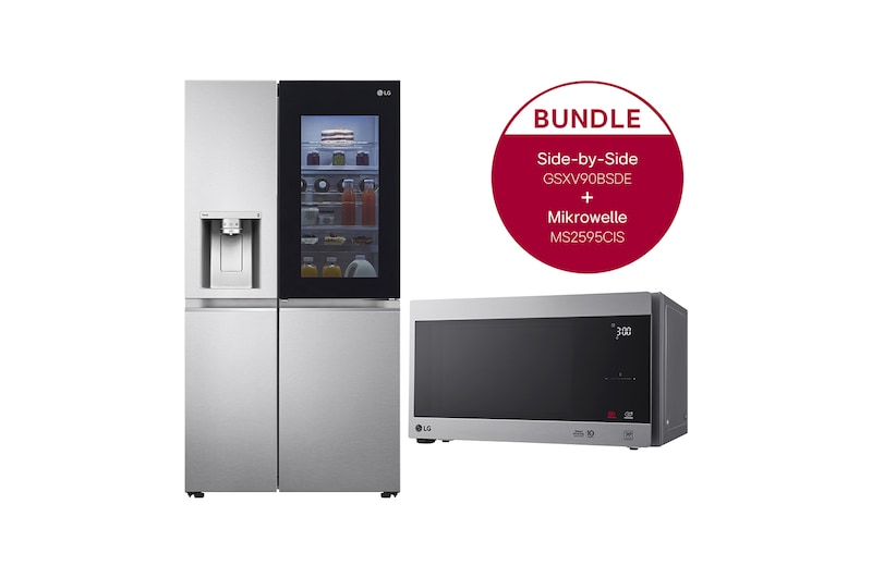 LG Side-by-Side Kühlschrank mit InstaView Door-in-Door® (E, 635L, 179cm hoch ) und Solo-Mikrowelle (25L, 1000 Watt) im Set | GSXV90BSDE.2595CIS, GSXV90BSDE.2595CIS
