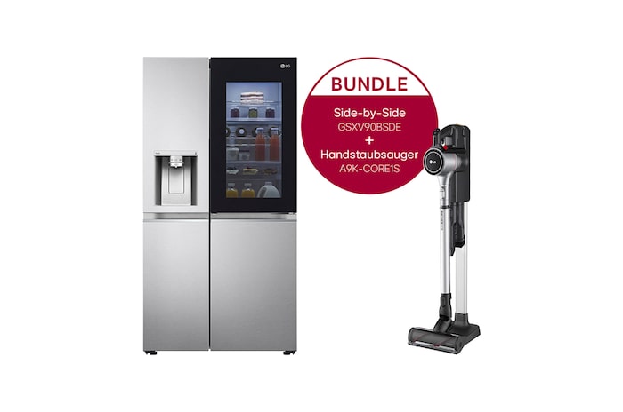 LG Side-by-Side Kühlschrank mit InstaView Door-in-Door® (E, 635L, 179 cm hoch ) und Handstaubsauger Fantasy Silver im Set | GSXV90BSDE.CORE1S, GSXV90BSDE.CORE1S