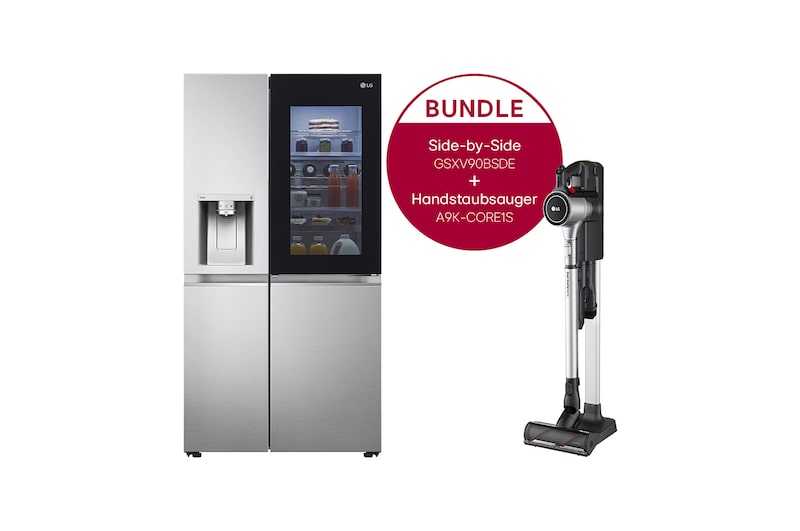 LG Side-by-Side Kühlschrank mit InstaView Door-in-Door® (E, 635L, 179 cm hoch ) und Handstaubsauger Fantasy Silver im Set | GSXV90BSDE.CORE1S, GSXV90BSDE.CORE1S