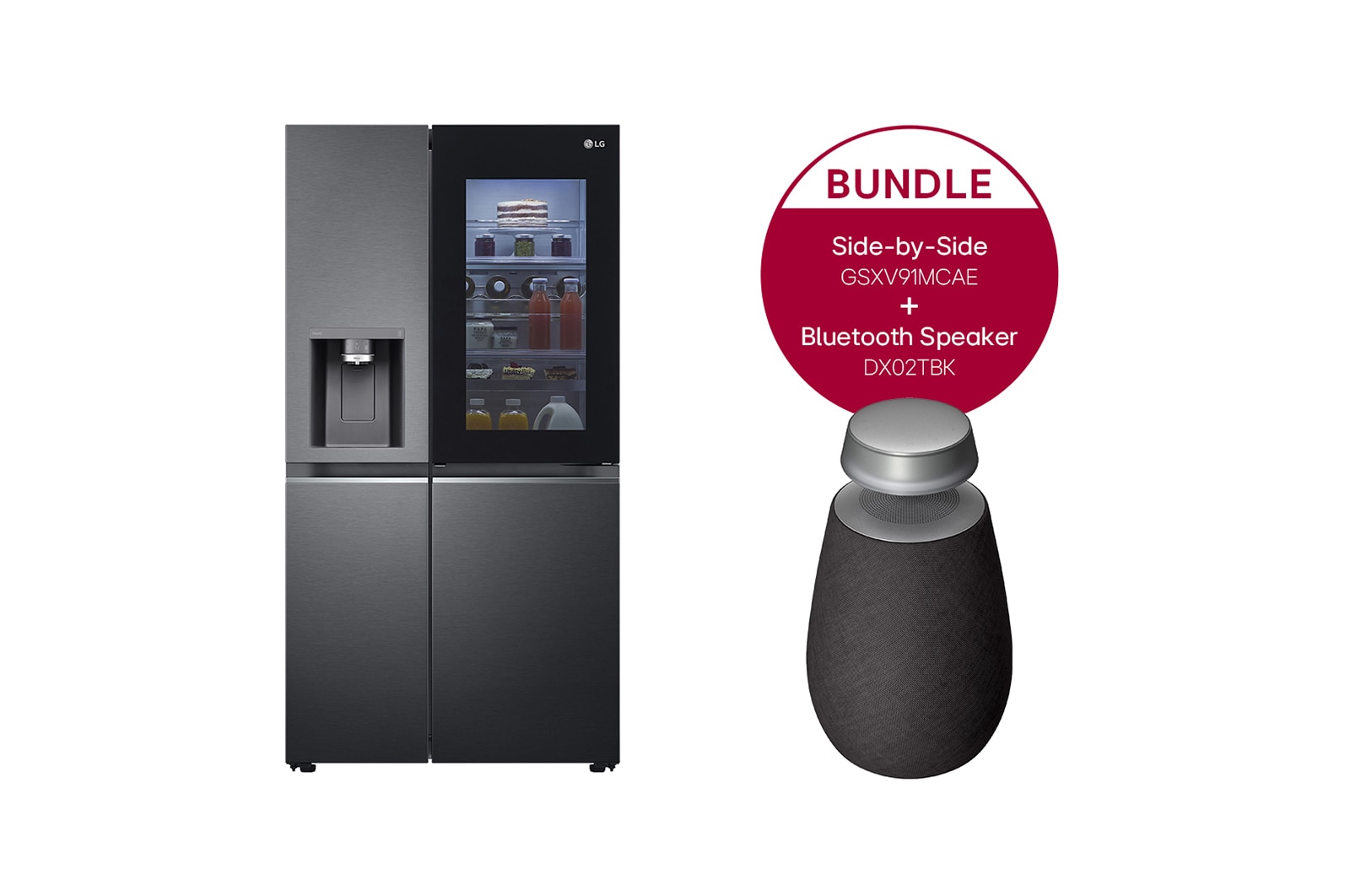 Vorderseite von Side-by-Side Kühlschrank mit InstaView Door-in-Door® (E, 635L, 179cm hoch) mit Eis-, Crushed Ice- und Wasserspender &amp; internem Wassertank | GSXV91MCAE  &#43; LG XBOOM 360 GSXV91MCAE.DXO2TBK