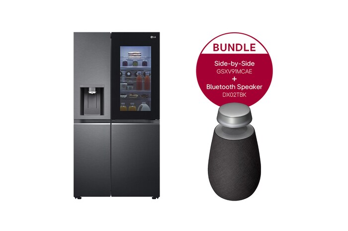 LG Side-by-Side Kühlschrank mit InstaView Door-in-Door® (E, 635L, 179cm hoch) mit Eis-, Crushed Ice- und Wasserspender & internem Wassertank | GSXV91MCAE + LG XBOOM 360, GSXV91MCAE.DXO2TBK