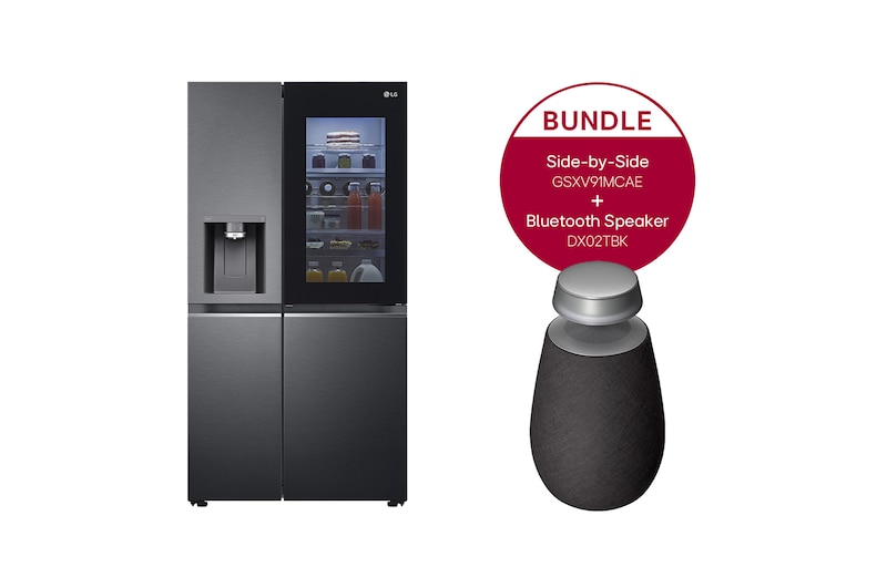 LG Side-by-Side Kühlschrank mit InstaView Door-in-Door® (E, 635L, 179cm hoch) mit Eis-, Crushed Ice- und Wasserspender & internem Wassertank | GSXV91MCAE  + LG XBOOM 360, GSXV91MCAE.DXO2TBK
