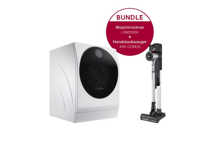 LG SIGNATURE Waschtrockner (12kg / 7kg, 1.600 U./Min.) + Handstaubsauger Fantasy Silver mit 2 Akkus, LSWD100X.CORE1S