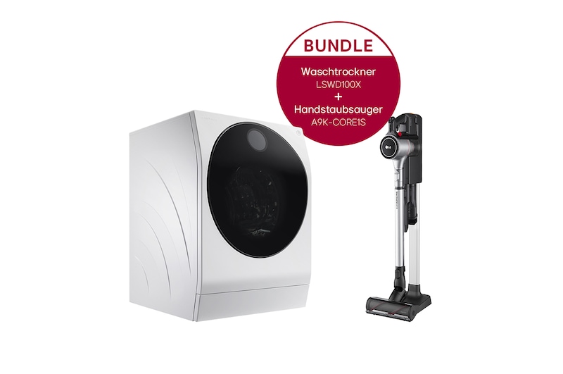 LG SIGNATURE Waschtrockner (12kg / 7kg, 1.600 U./Min.) + Handstaubsauger Fantasy Silver mit 2 Akkus, LSWD100X.CORE1S