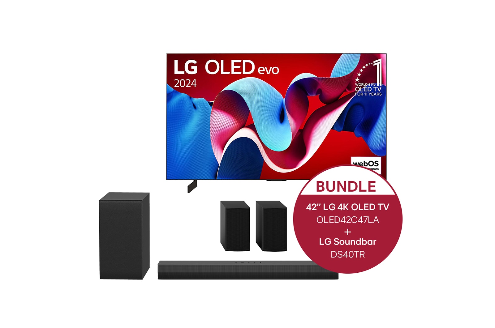 Vorderseite von 42 Zoll LG OLED evo C4 4k Smart TV &#43;4.1 Soundbar DS40TR mit 400 Watt OLED42C47LA.DS40TR