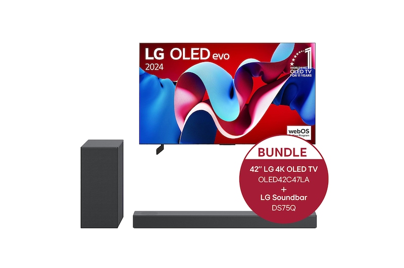 Vorderseite von 42 Zoll LG OLED evo C4 4k Smart TV + 3.1.2 Dolby Atmos® Soundbar mit 380 Watt OLED42C47LA.DS75Q
